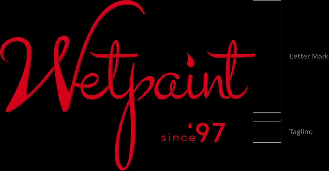 Wetpaint logo with lettermark and tagline annotations